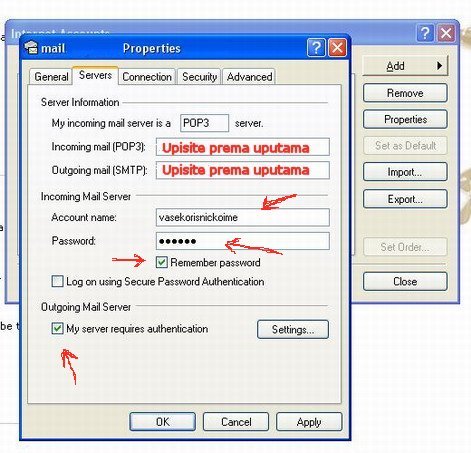Podeavanje e-mail programa - Ukljuite opciju koritenja POP server Logina