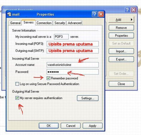 Podešavanje e-mail programa - Uključite opciju korištenja POP server Logina