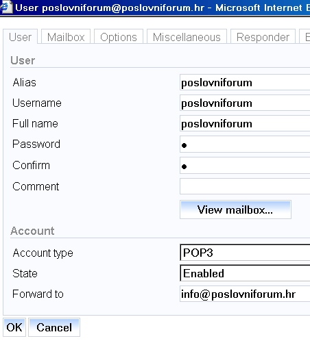 Izgled Control Panela sa postavkama osnove e-mail adrese